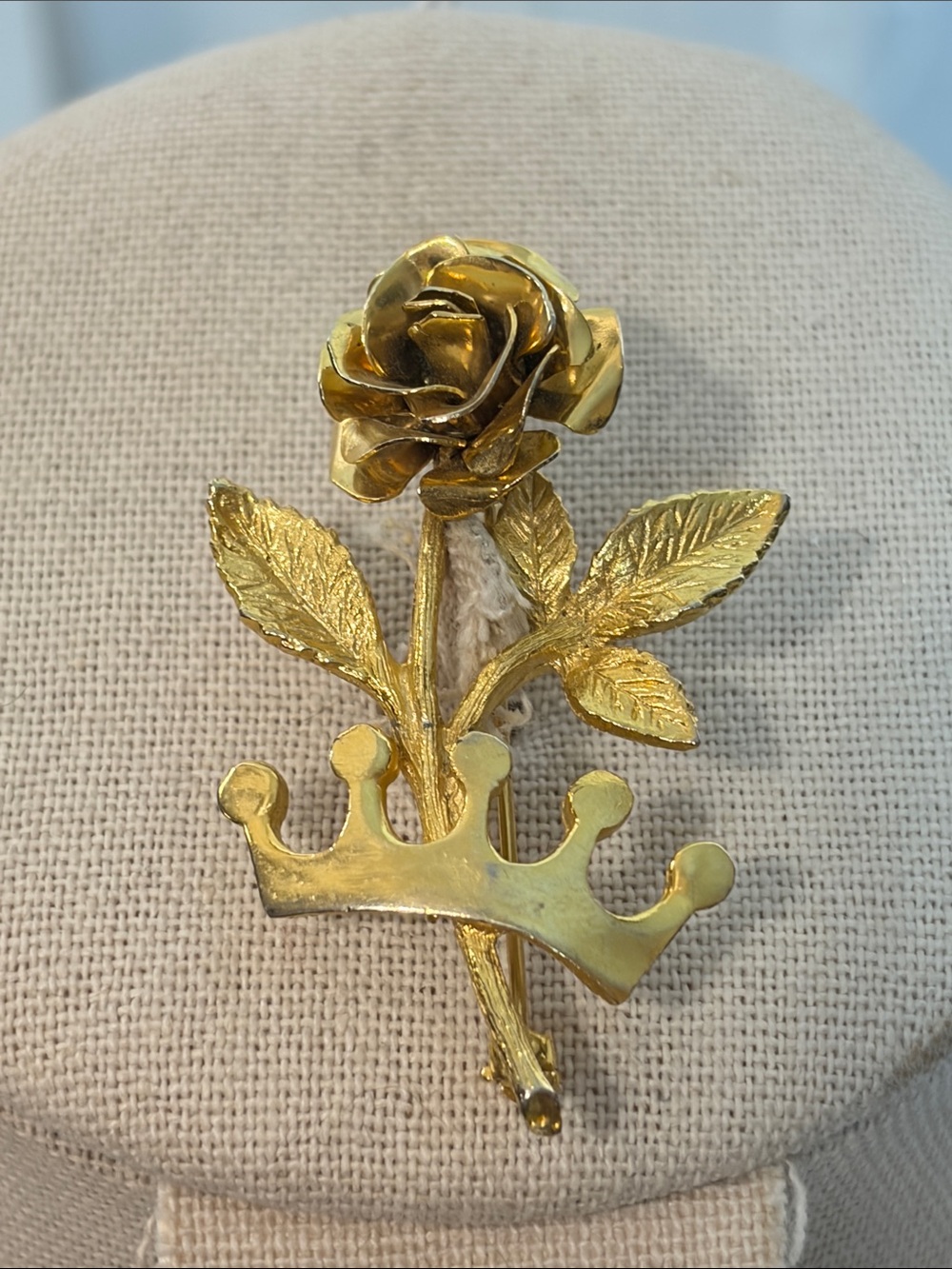 Vintage 60s Gold Rose with Crown Brooch - Elegant Floral Pin